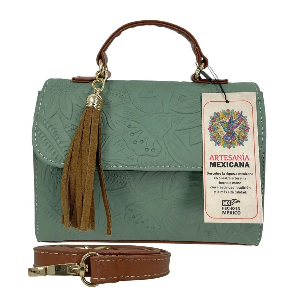Sage Green Sunflower Embossed Tooled Artisan LEATHER Crossbody Handbag Purse